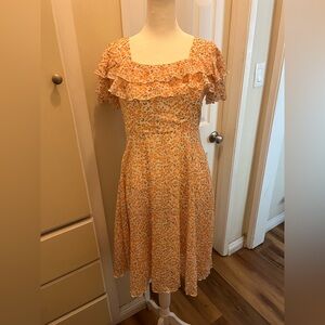 Floral Ruffle Midi Dress - Orange